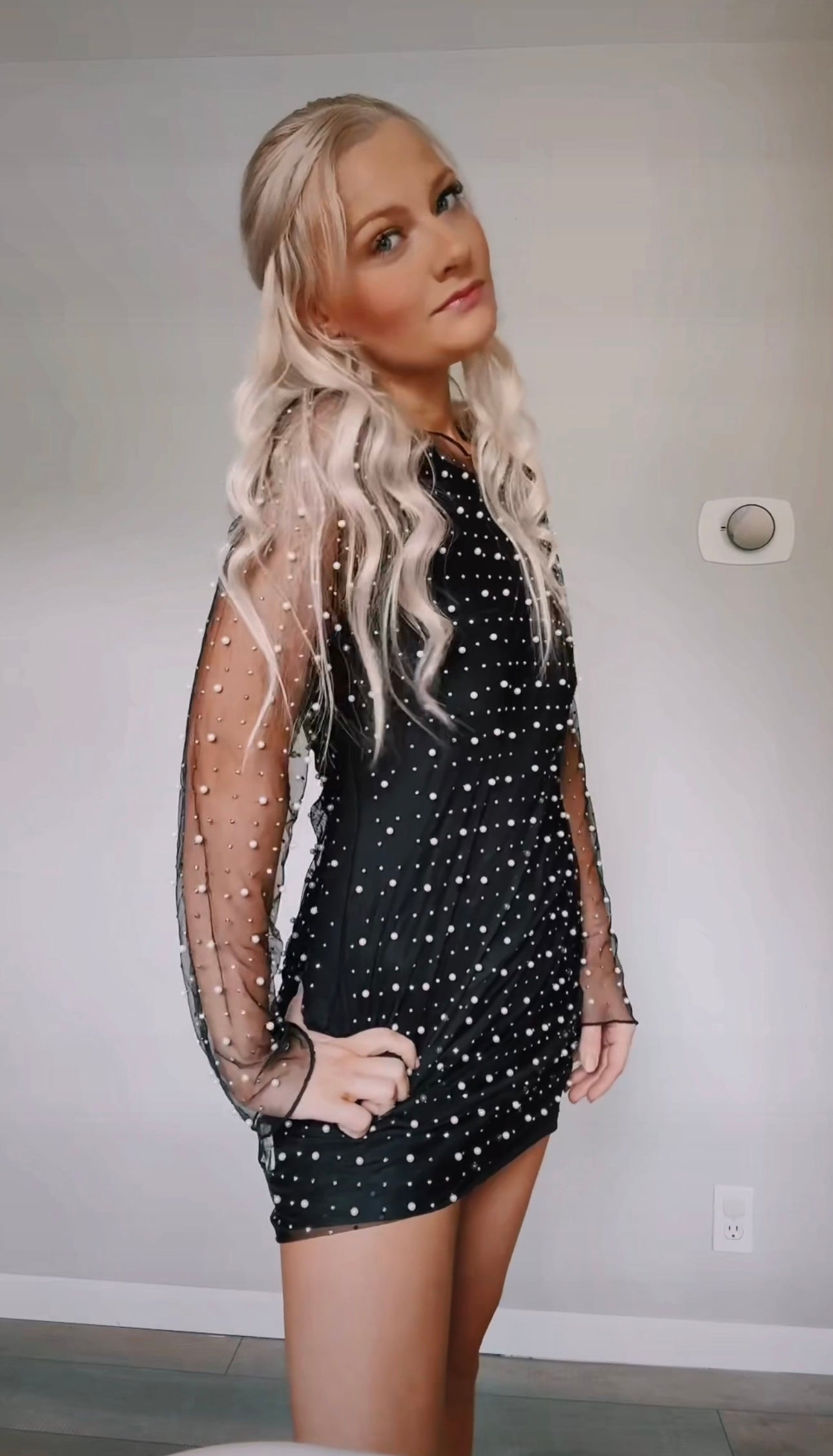 Black Mesh Rhinestone Studded Pearl Dress