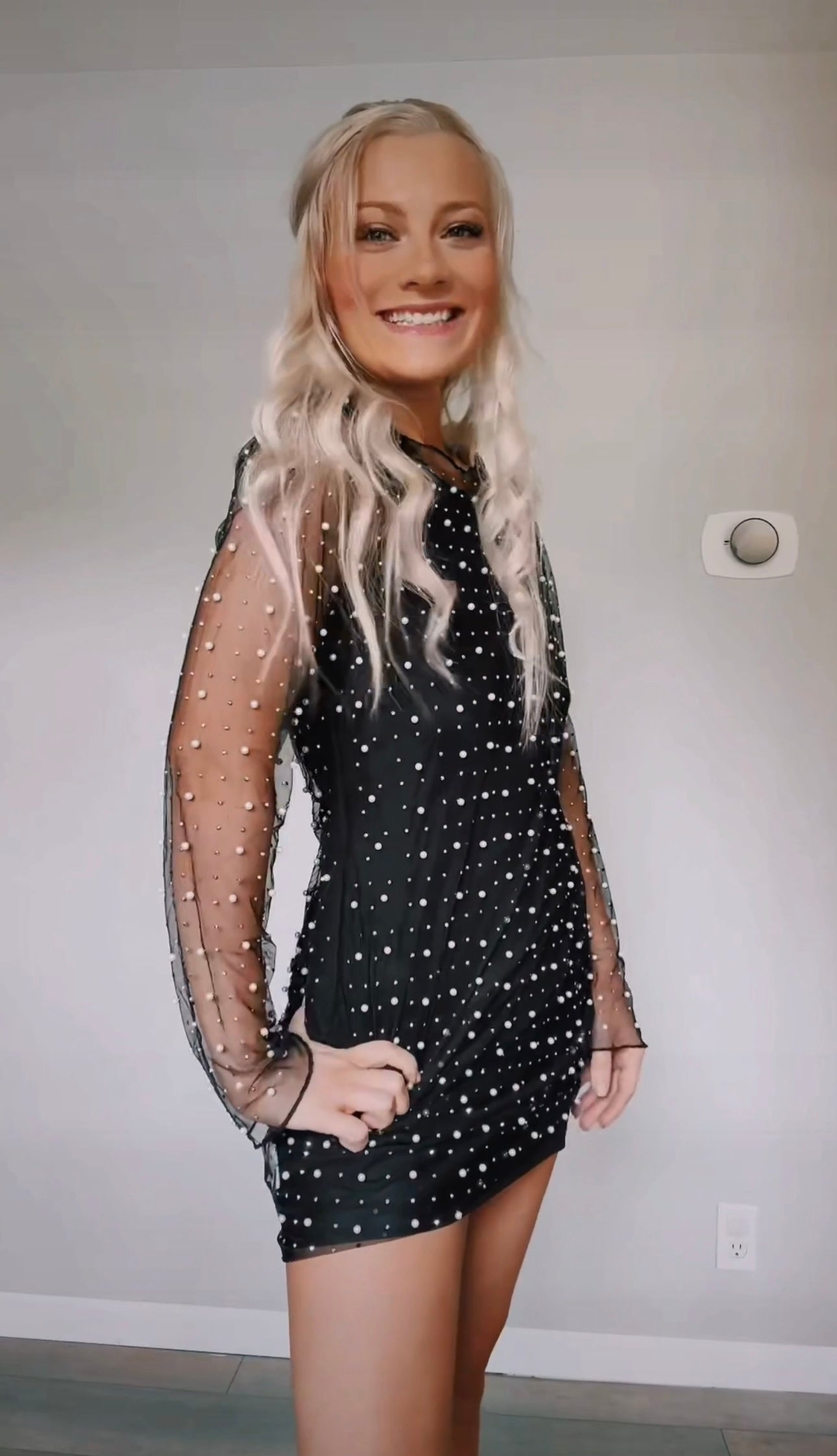 Black Mesh Rhinestone Studded Pearl Dress